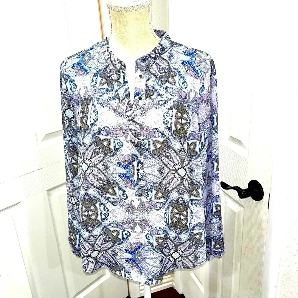 Democracy  paisley 3/4 button front blouse with ruffle back in a blue/ purple